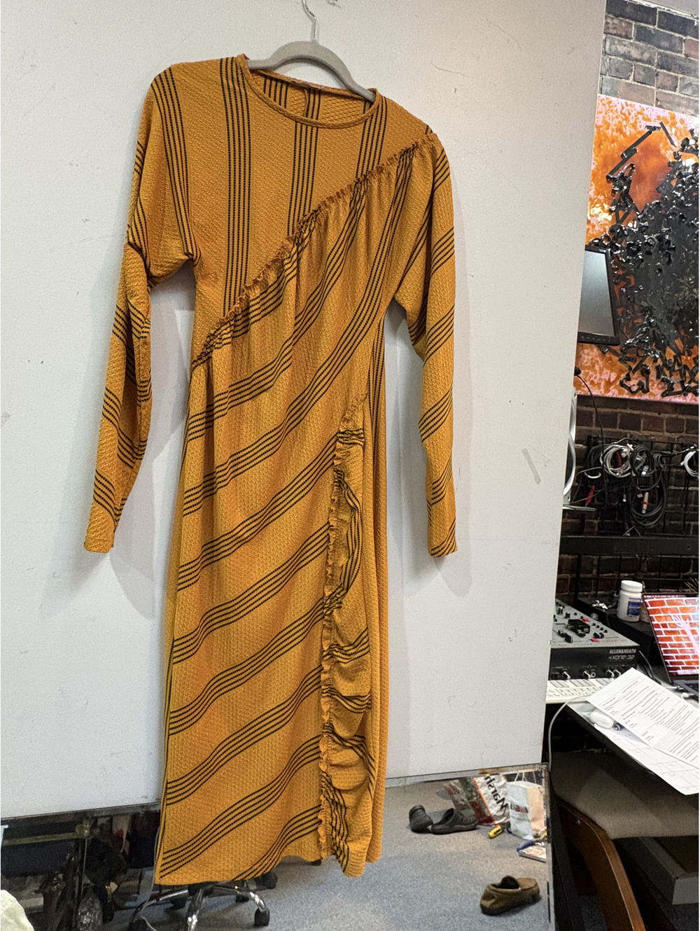 Zara Mustard Yellow and Black Striped Long Sleeve Midi Dress with Ruffle Detail